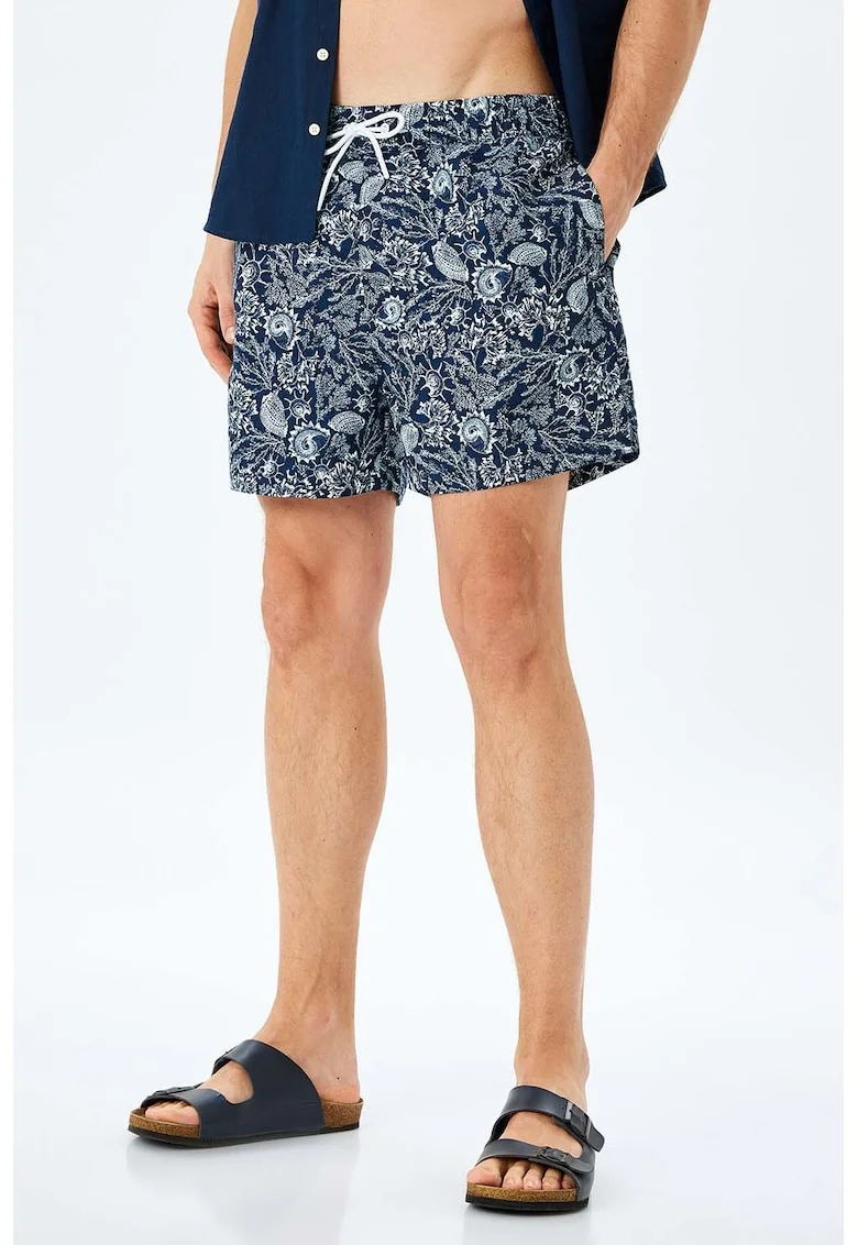 Pantaloni scurti de baie cu imprimeu acvatic, Alb/Bleumarin