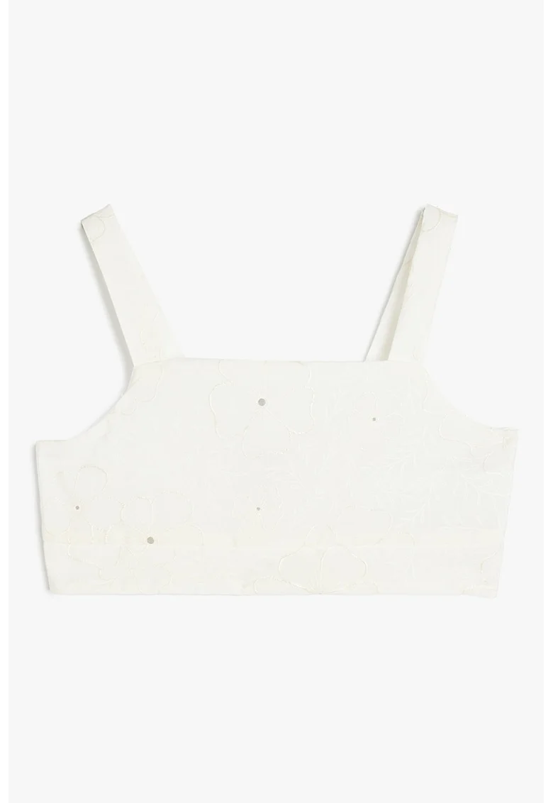 Top crop cu broderie florala, Alb murdar