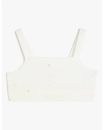 Top crop cu broderie florala, Alb murdar