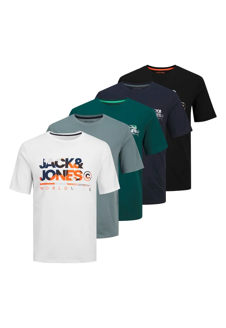 Set de tricouri cu imprimeu logo - 5 piese, Alb/Negru/Albastru