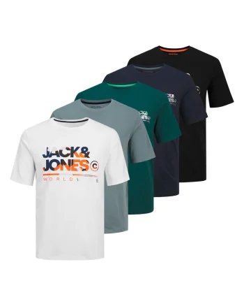 Set de tricouri cu imprimeu logo - 5 piese, Alb/Negru/Albastru