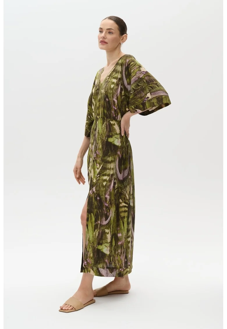 Rochie din amestec de in cu imprimeu floral, Verde masliniu/Roz