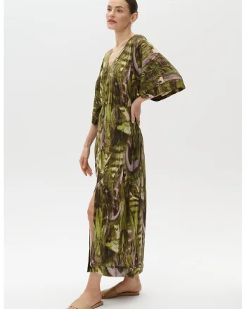 Rochie din amestec de in cu imprimeu floral, Verde masliniu/Roz