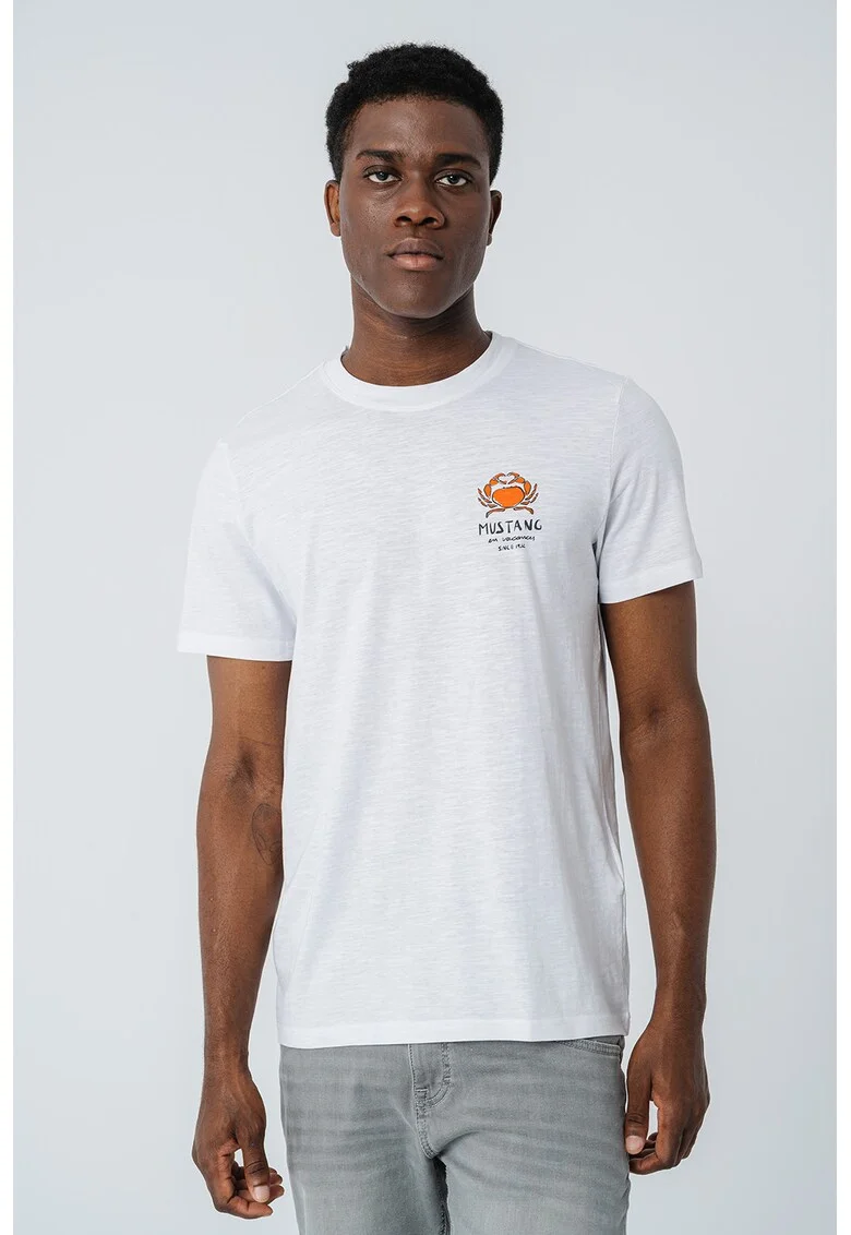 Tricou cu decolteu la baza gatului si imprimeu grafic Austin, Alb/Portocaliu