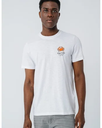 Tricou cu decolteu la baza gatului si imprimeu grafic Austin, Alb/Portocaliu