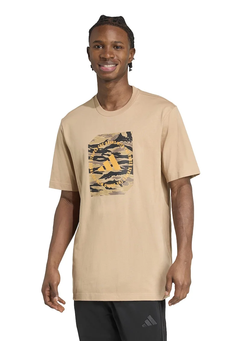 Tricou cu decolteu la baza gatului si imprimeu logo, Galben pai/Maro nisip/Gri inchis