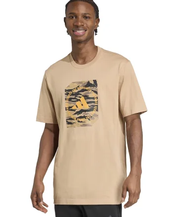 Tricou cu decolteu la baza gatului si imprimeu logo, Galben pai/Maro nisip/Gri inchis