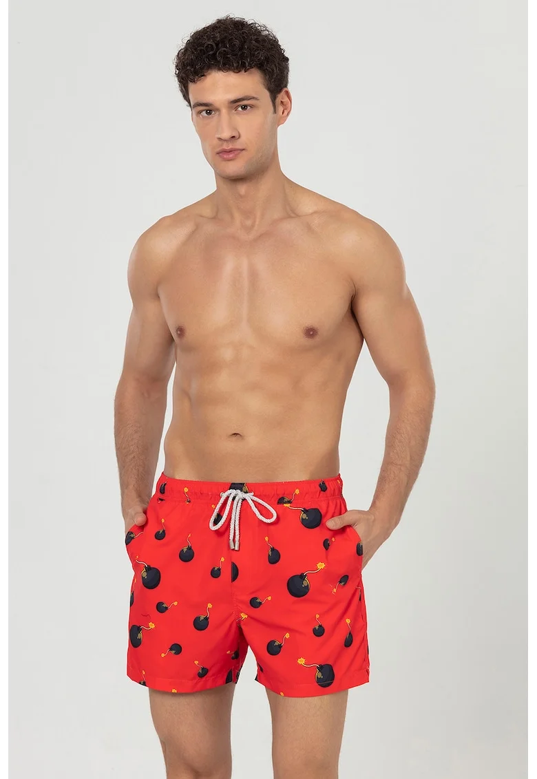 Pantaloni scurti de baie cu buzunare si model, Negru/Galben/Rosu vermillion
