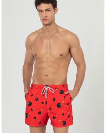 Pantaloni scurti de baie cu buzunare si model, Negru/Galben/Rosu vermillion
