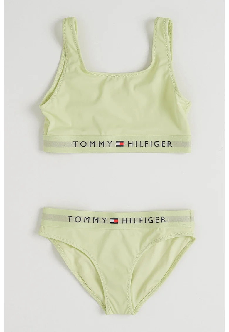 Costum de baie cu doua piese si logo brodat, Galben pal