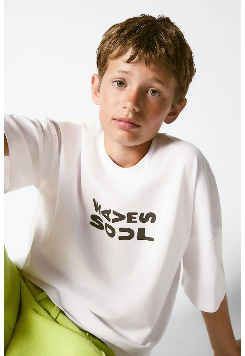 Tricou de bumbac cu text, Alb optic