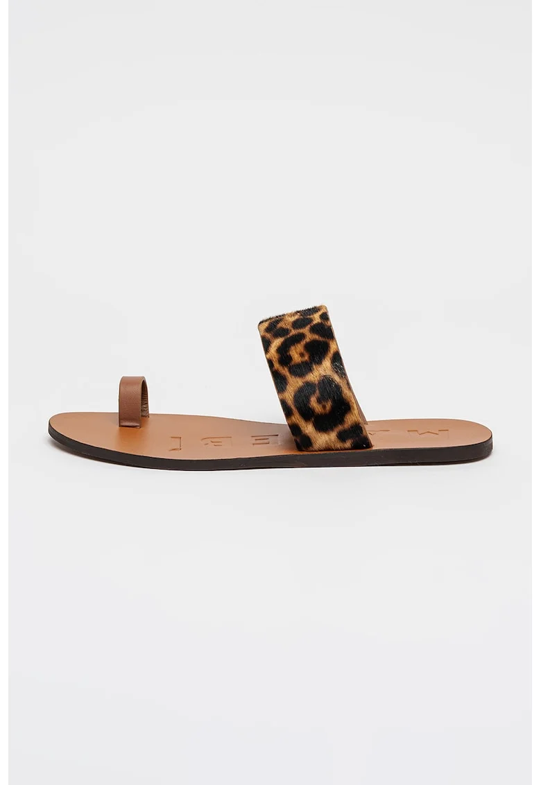 Papuci de piele cu par scurt cu model Serengeti, Maro inchis/Maro camel
