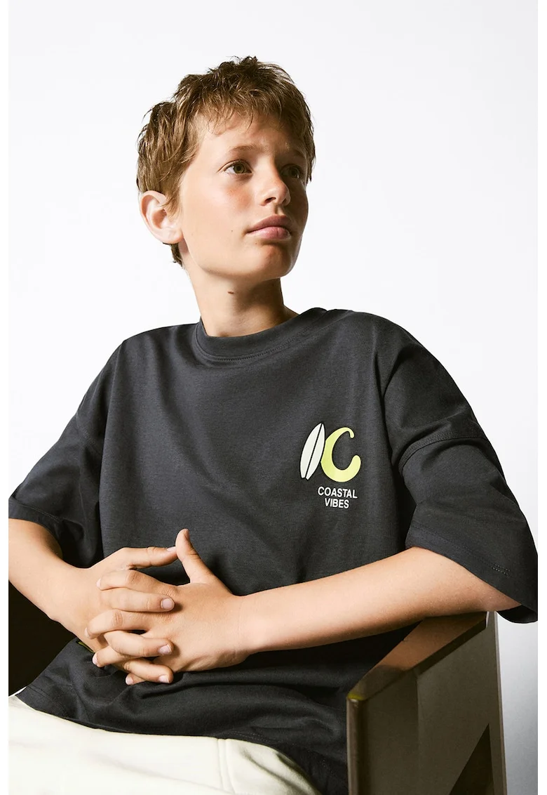 Tricou supradimensionat de bumbac cu imprimeu, Gri inchis