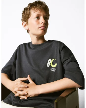 Tricou supradimensionat de bumbac cu imprimeu, Gri inchis
