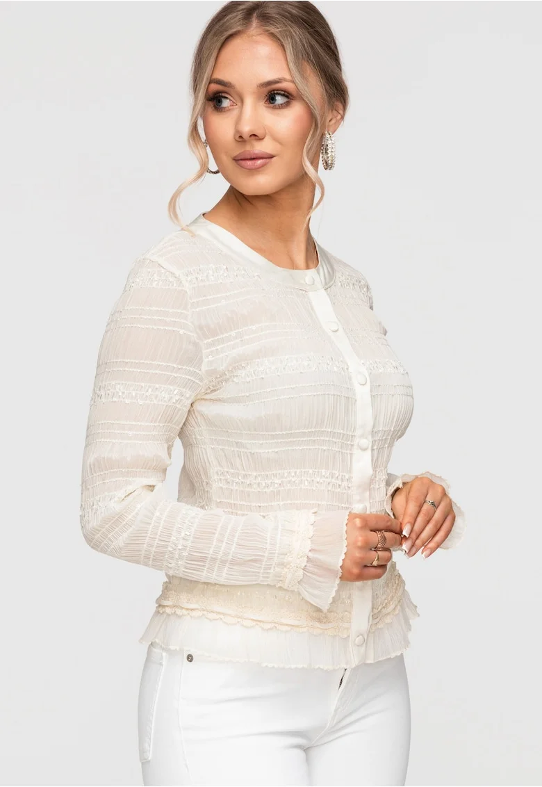 Bluza Dama Eleganta, Croiala Cambrata, Maneci Lungi cu Volane, Poliester Elastic, Ecru