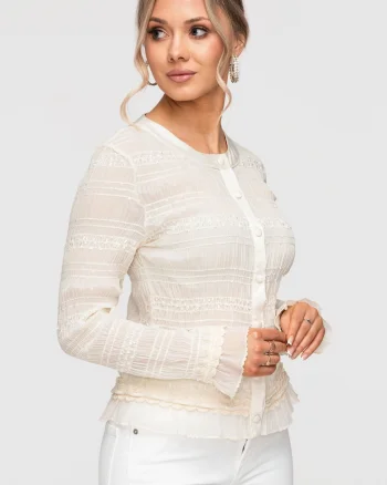 Bluza Dama Eleganta, Croiala Cambrata, Maneci Lungi cu Volane, Poliester Elastic, Ecru