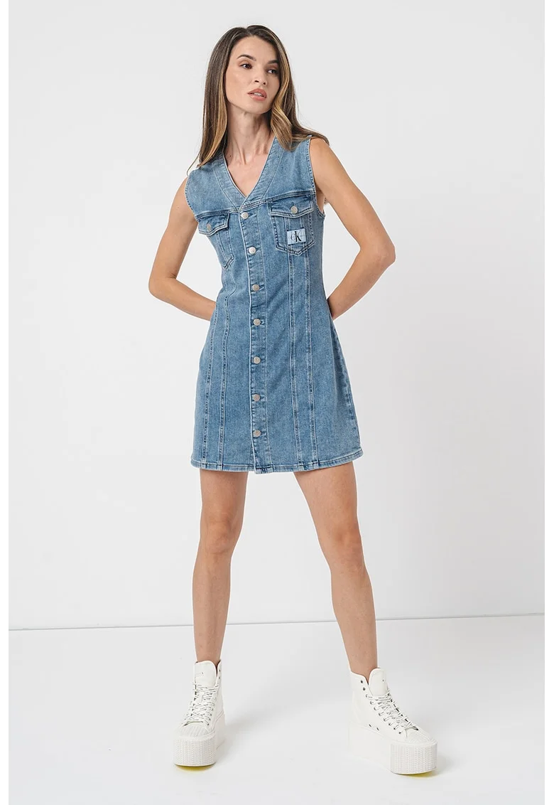 Rochie mini din denim cu decolteu in V, Albastru