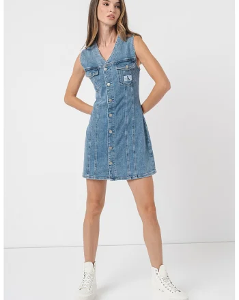 Rochie mini din denim cu decolteu in V, Albastru