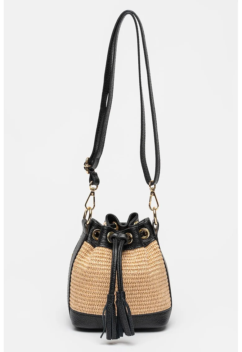 Geanta bucket din piele, Negru/Bej deschis