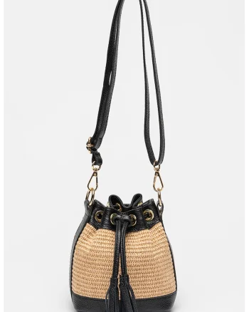 Geanta bucket din piele, Negru/Bej deschis