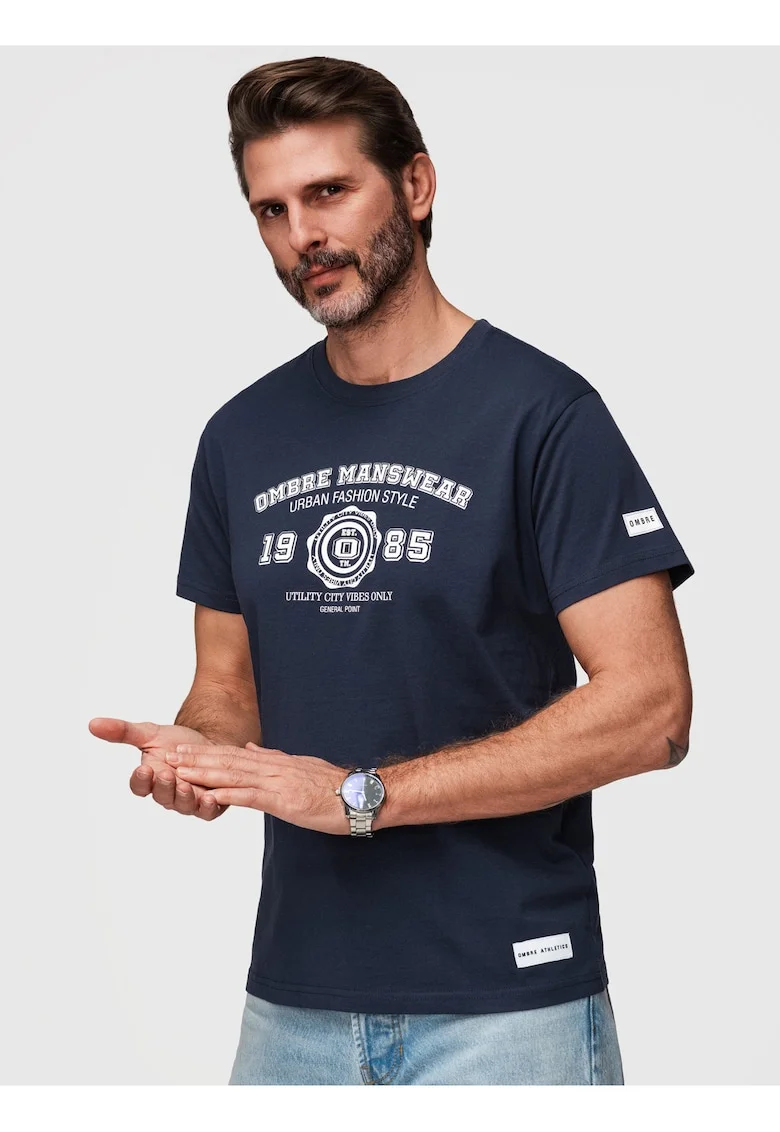 tricou barbati cu print inspirat din stilul colegial din bumbac, Bleumarin