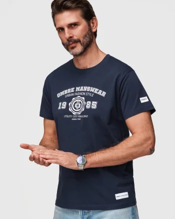 tricou barbati cu print inspirat din stilul colegial din bumbac, Bleumarin