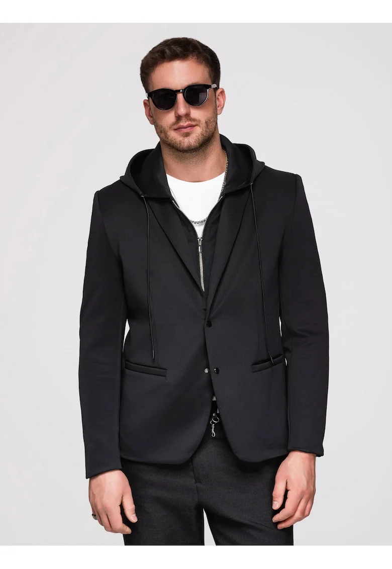 Blazer cu detalii unice din material elastic si croiala regular, Negru