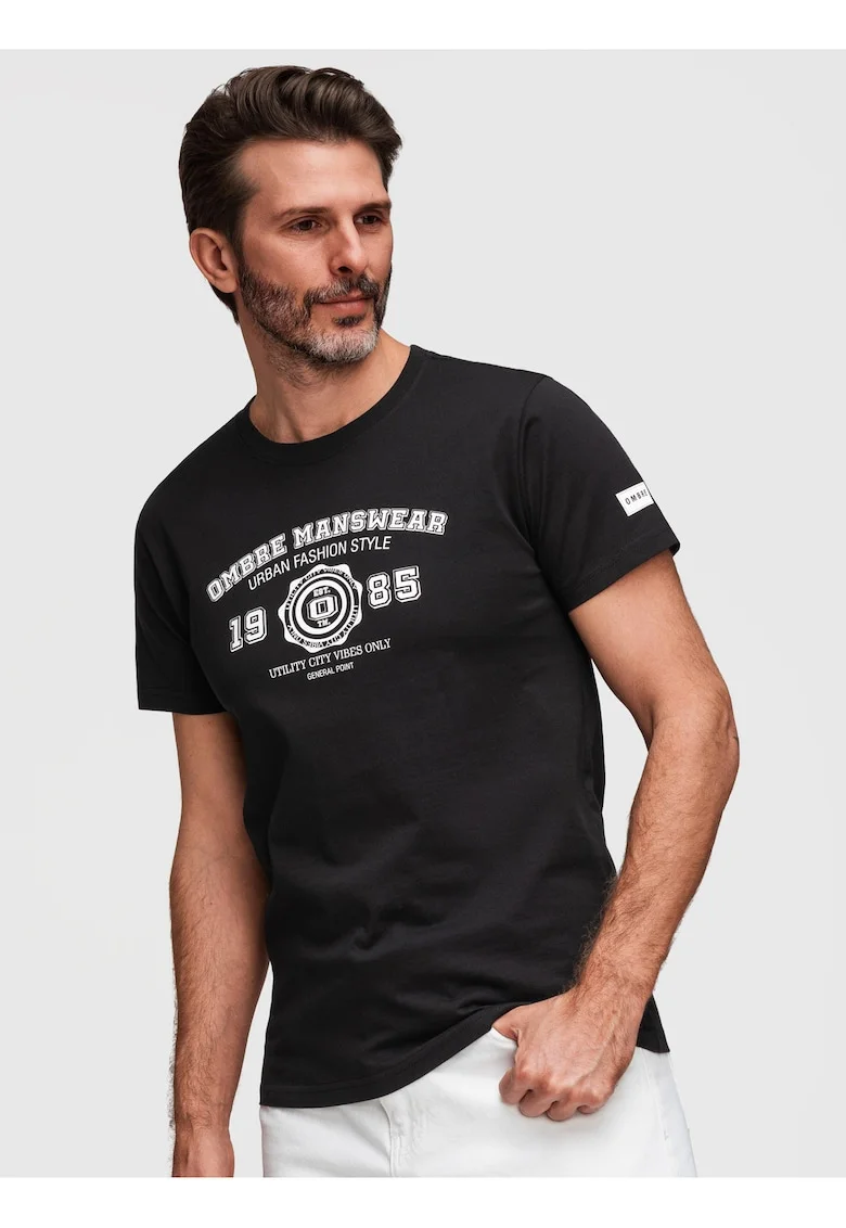 tricou barbati cu print inspirat din stilul colegial din bumbac, Negru