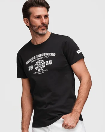 tricou barbati cu print inspirat din stilul colegial din bumbac, Negru