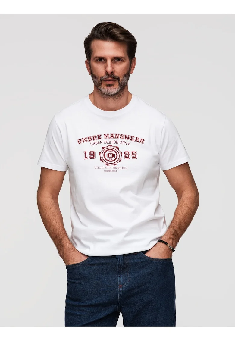 tricou barbati cu print inspirat din stilul colegial din bumbac, Alb