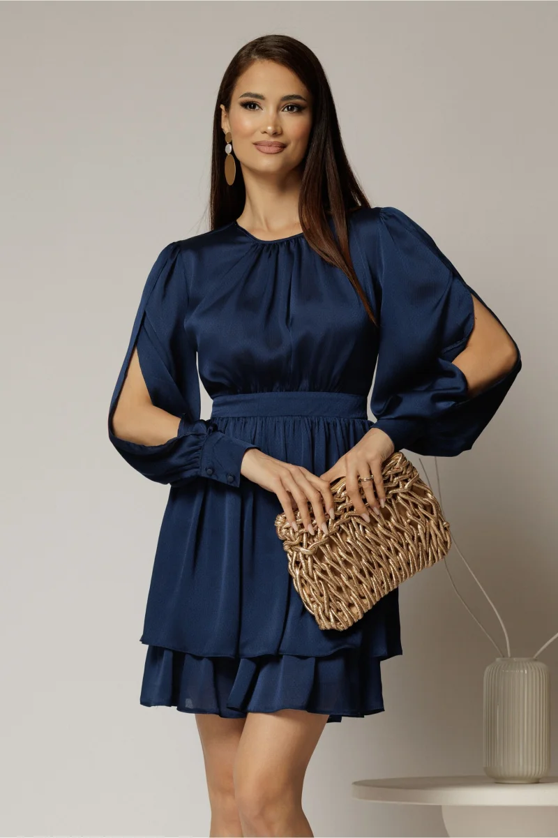 Rochie DY Fashion bleumarin scurta din voal cu manecile sparte si fusta suprapusa