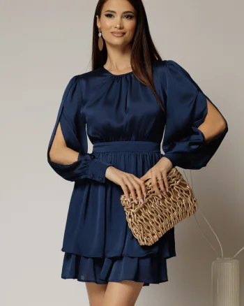 Rochie DY Fashion bleumarin scurta din voal cu manecile sparte si fusta suprapusa