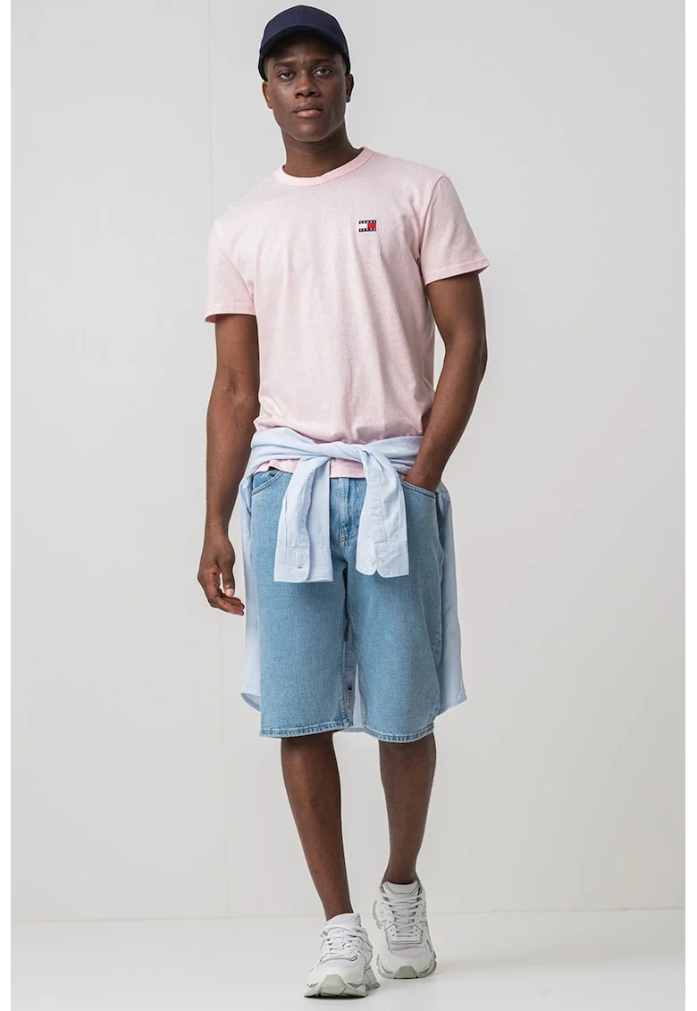 Tricou din bumbac cu decolteu la baza gatului, Roz pastel