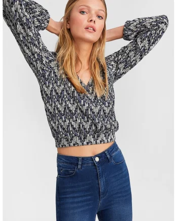 Bluza crop cu terminatie elastica, Albastru inchis/Negru stins/Crem