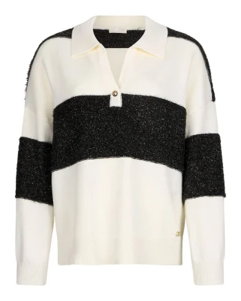Pulover polo cu maneci cazute, Alb/Negru