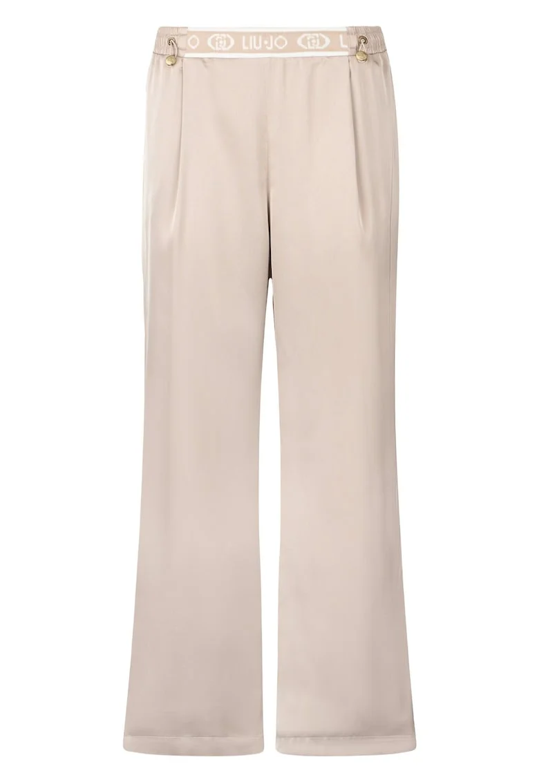 Pantaloni crop cu aspect de satin si banda logo in talie, Bej