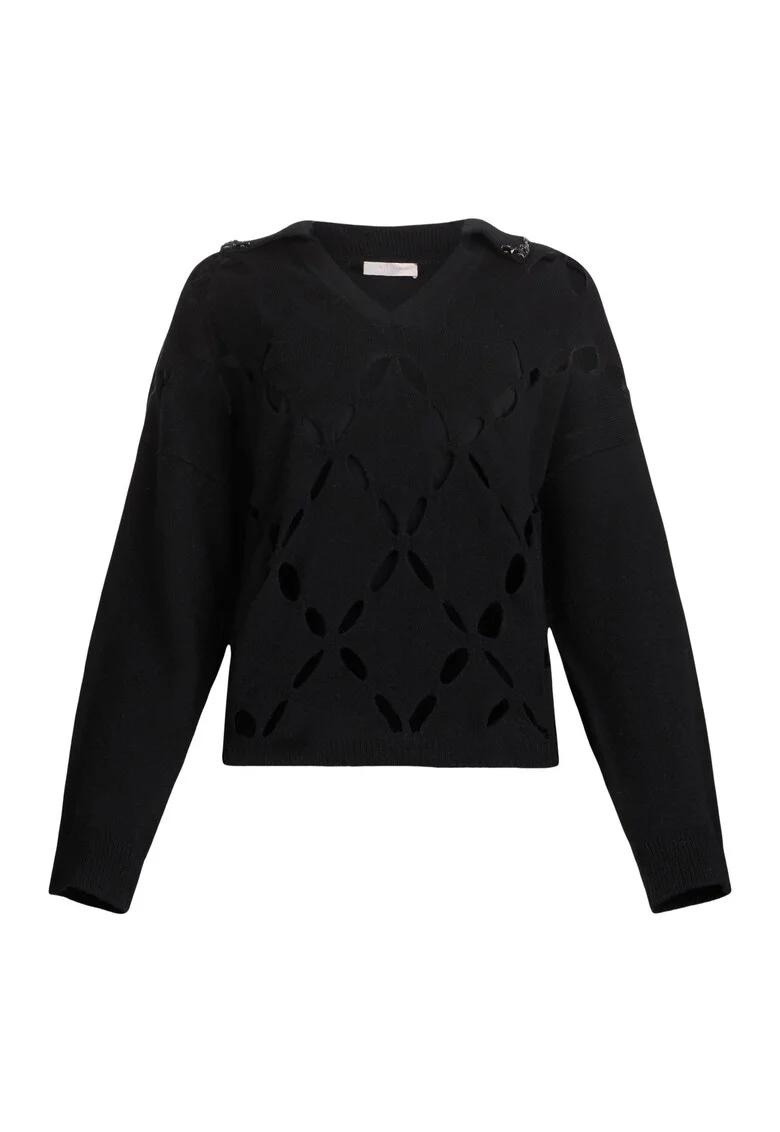 Pulover lejer de lana cu decupaje, Negru