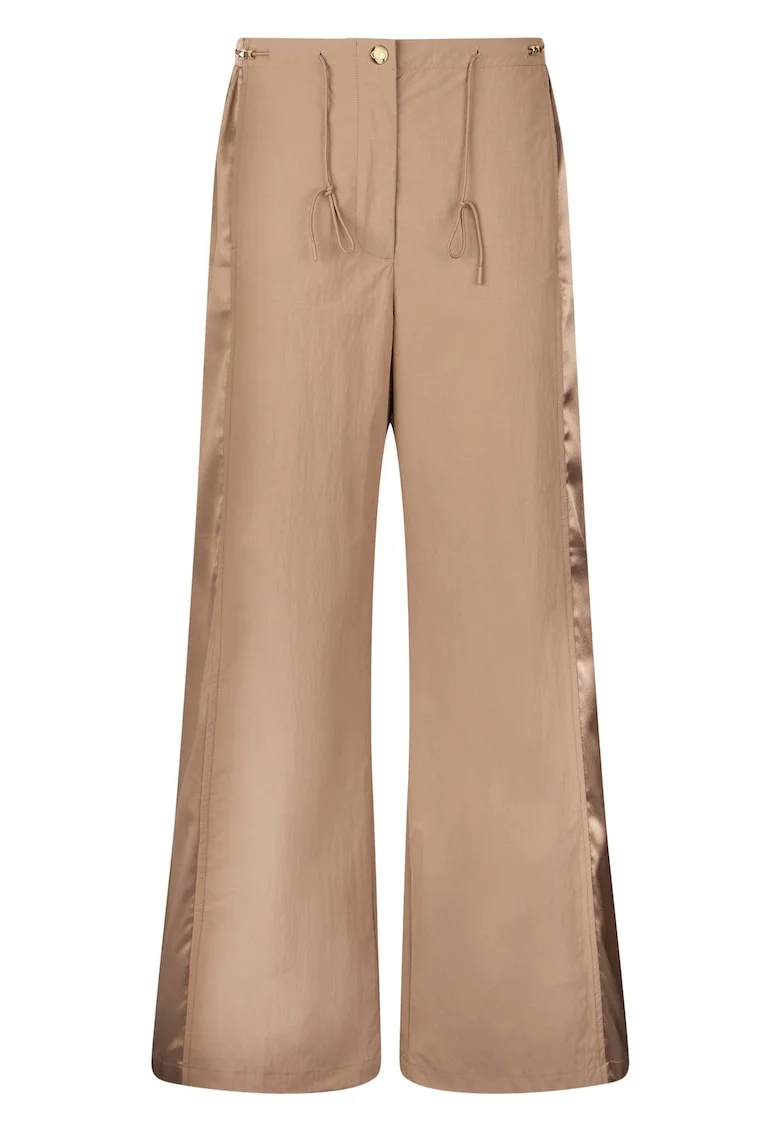 Pantaloni cu croiala ampla si insertii de satin, Bej