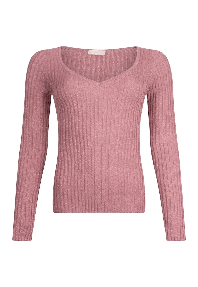 Pulover striat cu decolteu in V, Roz