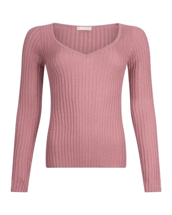 Pulover striat cu decolteu in V, Roz