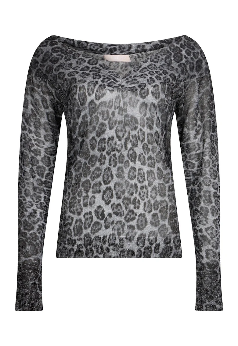 Pulover cu decolteu in V si animal print, Gri deschis/Gri inchis