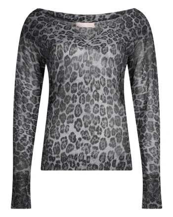 Pulover cu decolteu in V si animal print, Gri deschis/Gri inchis