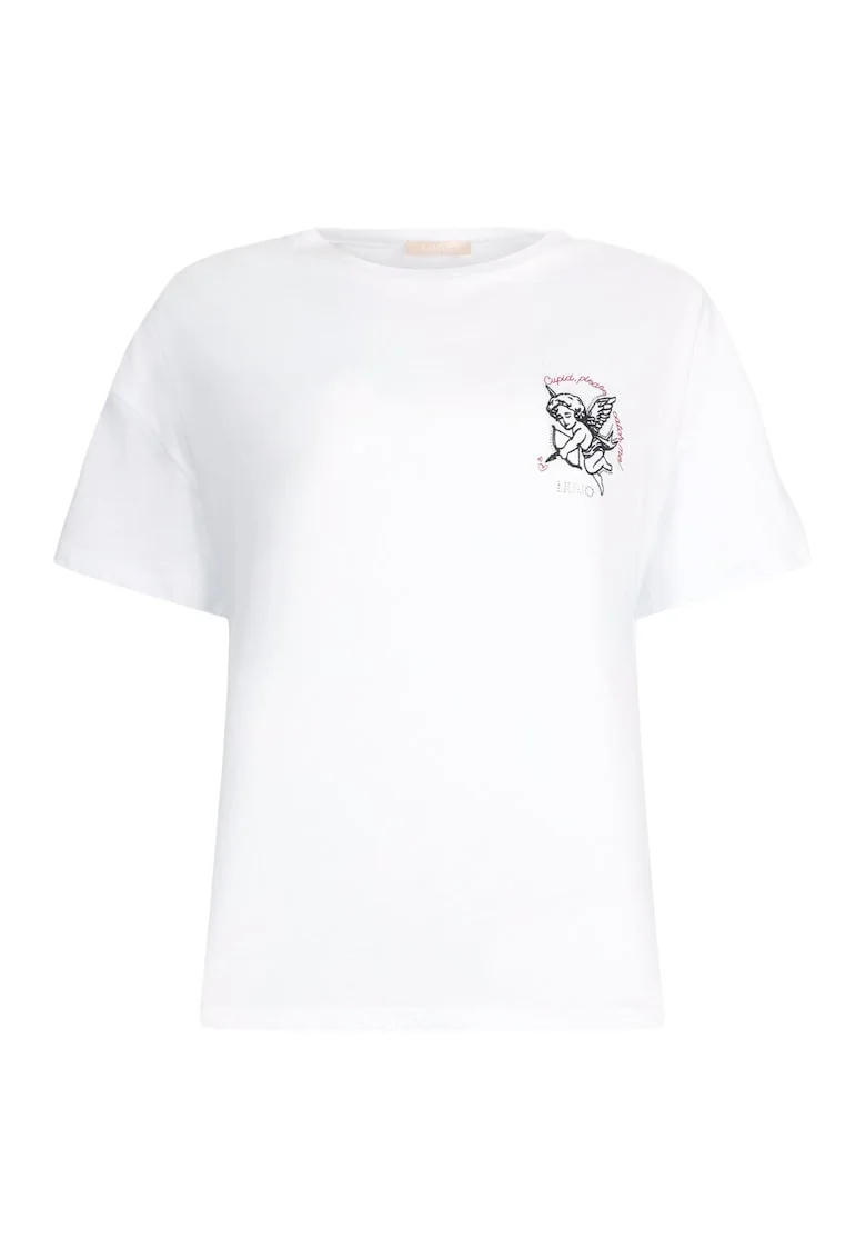Tricou de bumbac cu broderie si strasuri, Alb