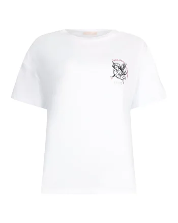 Tricou de bumbac cu broderie si strasuri, Alb