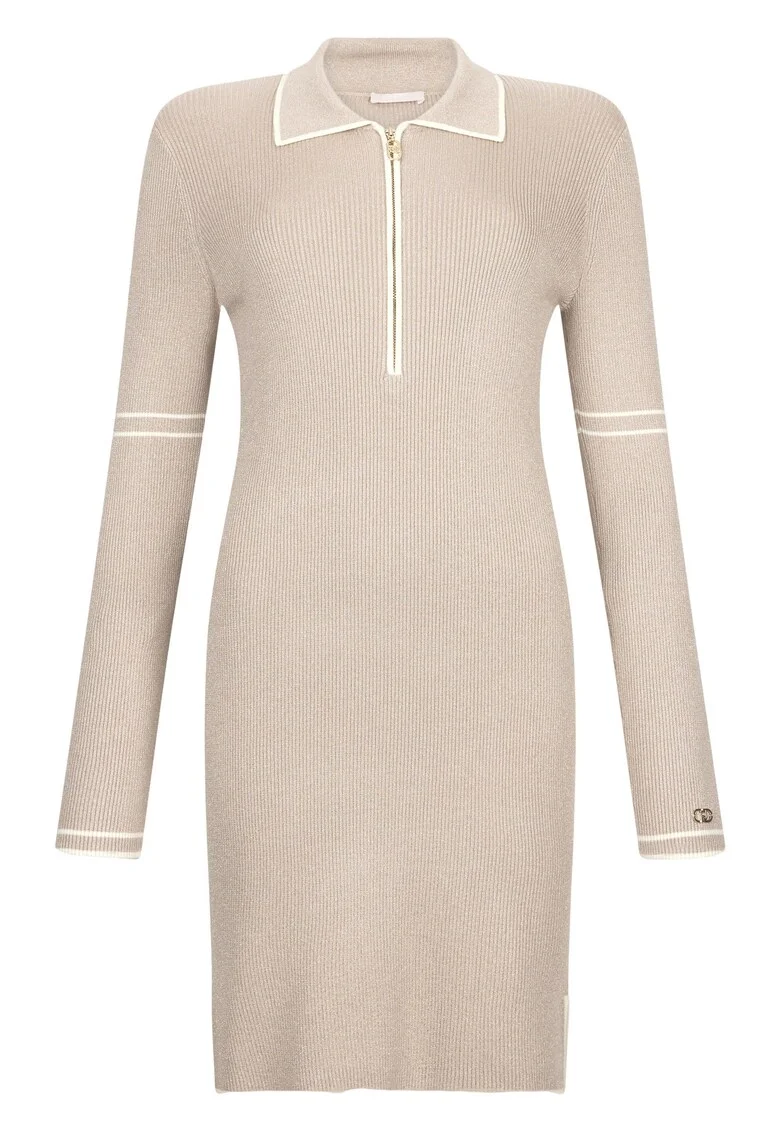 Rochie polo tricotata cu aspect stralucitor, Bej