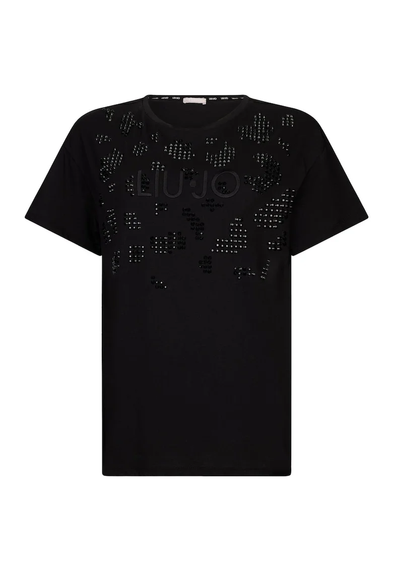Tricou cu decolteu la baza gatului si paiete, Negru