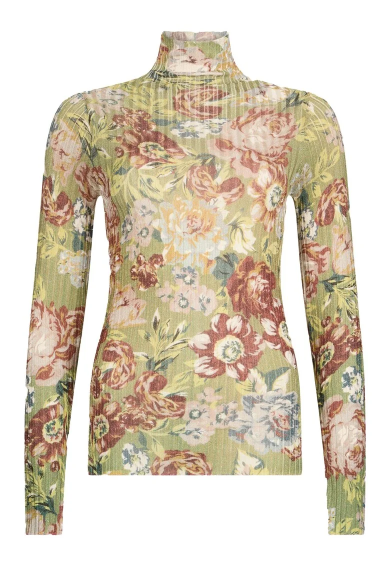 Pulover cu model floral si guler inalt, Verde pal