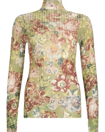 Pulover cu model floral si guler inalt, Verde pal