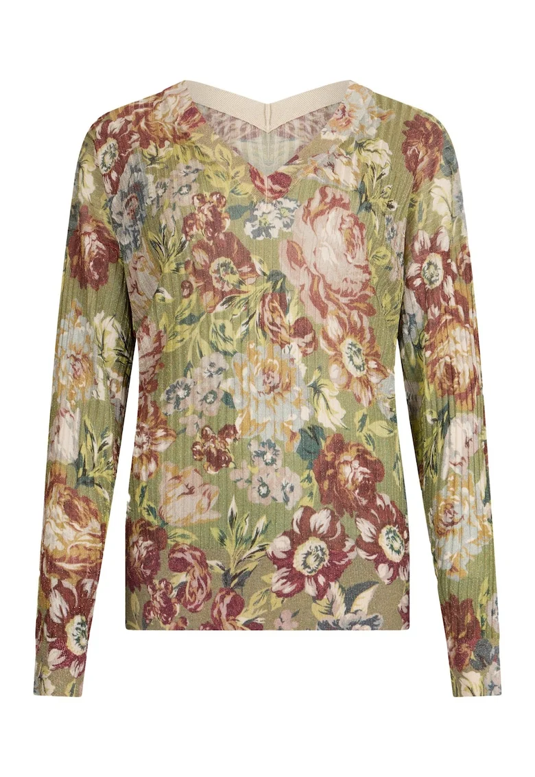 Pulover cu decolteu in V si model floral, Verde pal