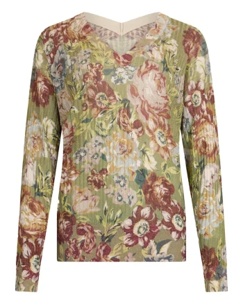 Pulover cu decolteu in V si model floral, Verde pal